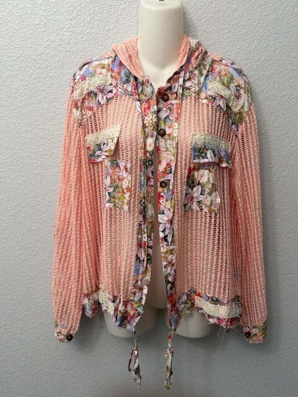 POL Floral Patchwork Open Knit Crochet Hoodie Jacket in Coral